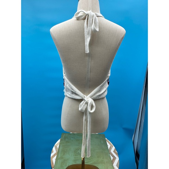 Juniors L Striped Halter Crop Top Crochet Knit Back Tie Summer Beach USA - Picture 5 of 9